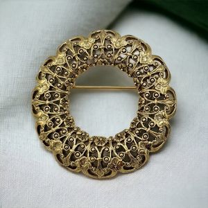 1928 Collection Brooch Then Now Forever Filigree Gold Tone Round Circle Elegant
